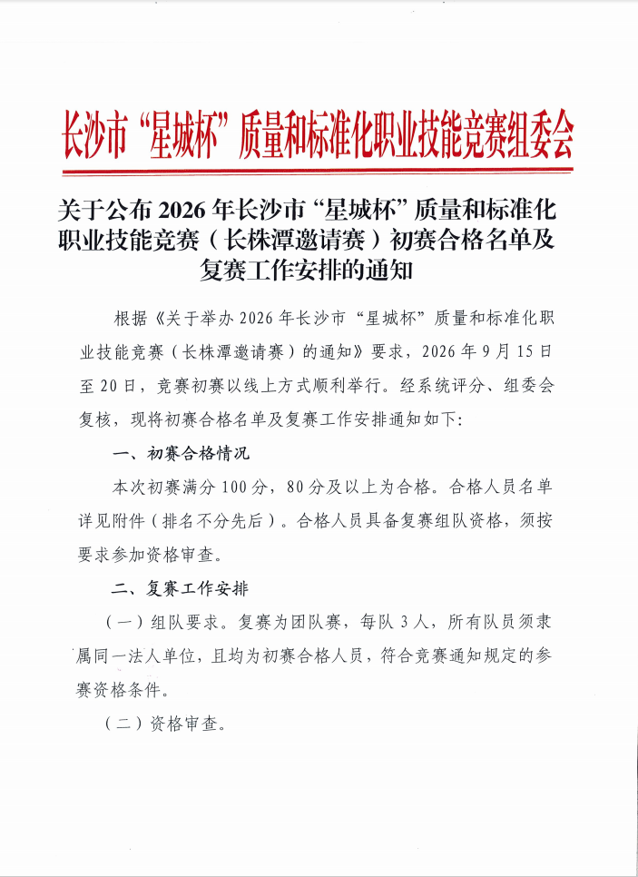 【协会通知】关于公布2026年长沙市“星城杯”质量和标准化职业技能竞赛（长株潭邀请赛）初赛合格名单及复赛工作安排的通知