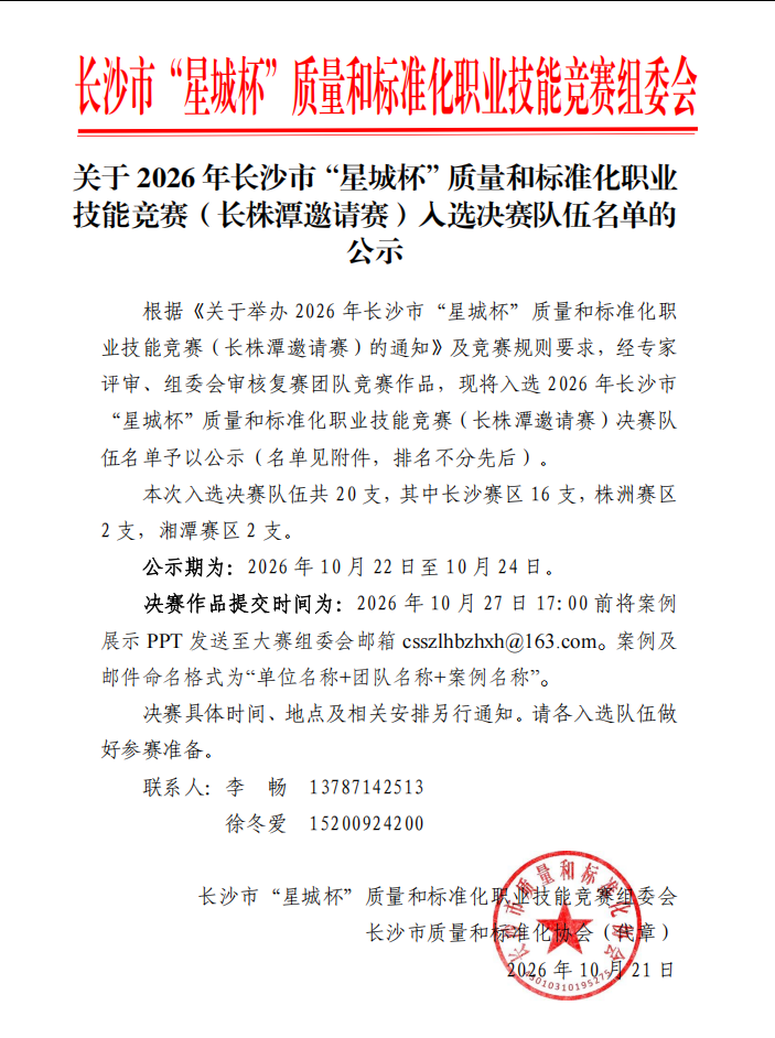 【协会通知】关于2026年长沙市“星城杯”质量和标准化职业技能竞赛（长株潭邀请赛）入选决赛队伍名单的公示
